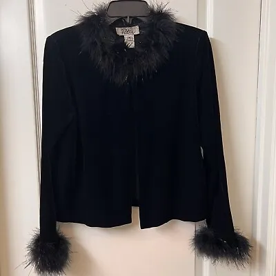 Vintage 90's Black Velvet Fur Trimmed Open Cardigan Patra Size M • $50