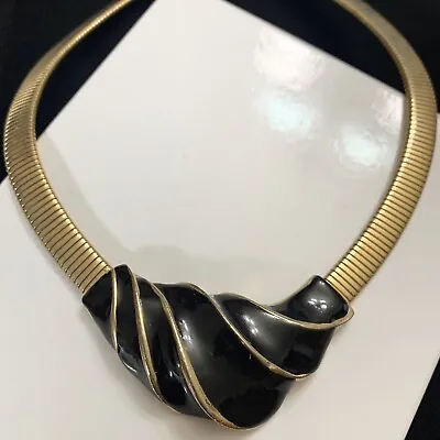 Vtg Haute Couture Black Enamel Pendant Choker Collar Necklace Gold Tone 16” • $13.59