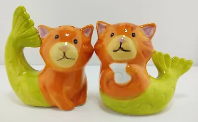 Mermaid Kitty Cats Salt And Pepper Shakers Orange With Green Tails • $12.99