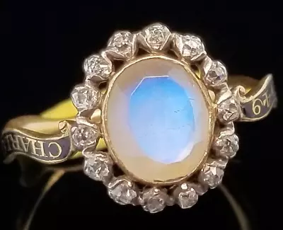 1771 Georgian 16K Gold DIAMOND MOONSTONE BLACK ENAMEL MOMENTO MORI MOURNING RING • $2300