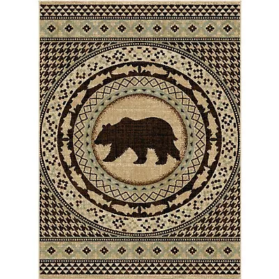 Asheville Round Area Rug Lodge Cabin Bear Fish Beige Blue *FREE SHIPPING* • $39.99