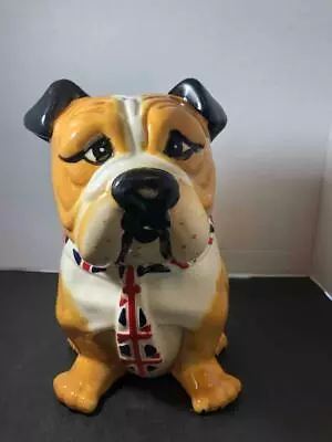 Painted Ceramic English Bulldog 9.5  Cookie Jar Canister British Union Jack Tie • £18.88