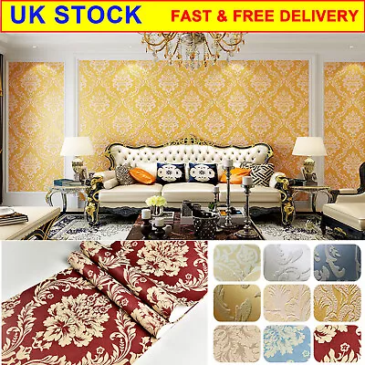 10m 9 Colors Luxury Damask Embossed Flocked Textured Non-woven Wallpaper Roll • £20.99