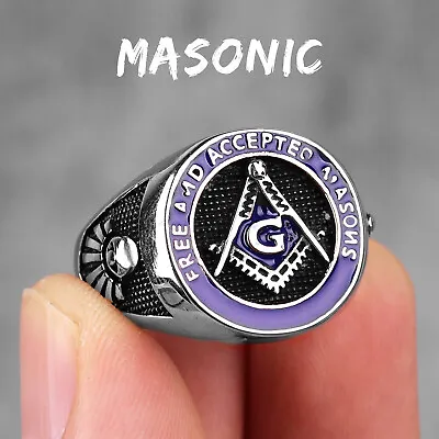 Stainless Steel Men Rings Masonic Freemasonry Blue Gold Never Fade Punk Boy 2023 • £10.61