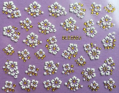 Nail Art 3D Decal Stickers White Flowers Gold Accents BLE262J • $3.19