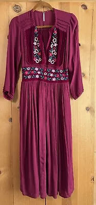 Free People Dress Flora Maroon Floral Embroidered Prairie XS (wear  See Photos) • $9.99