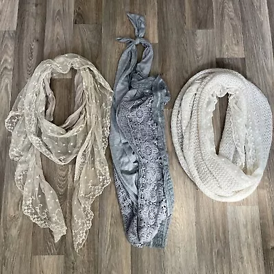 Womens Lace Scarf Set 3 Neutral Scarves Gray Cream • $12.99