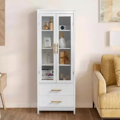 63  H Storage Cabinet Home Showcase With Glass Door 4 Adjustable Shelves White • $156.99