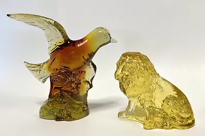 Lot-2 Vintage ~ Mosser Glass Figures #184 Lion In Gold & #175 Bird In Amber • $14.95