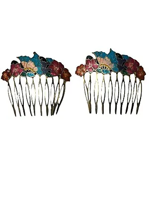 Vintage Lot Of 2 Cloisonné Gold Tone Hair Comb Floral Butterfly Design Enamel • $24.85