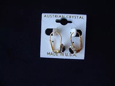 Vintage Petite Austrian Crystal Black & Clear Cluster Drop Gold Tone Earrings • $4.99