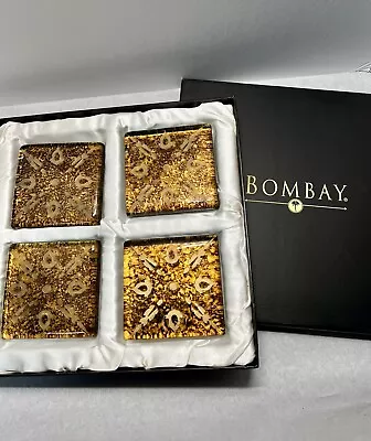 4 Vintage MCM Bombay Fused Thick Glass Gold/Amber Tortoise Shell Etched Coasters • $16.50