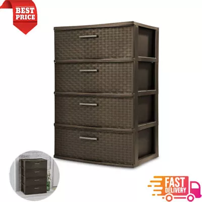 4 Drawer Wide Weave Dresser Tower Closet Storage Organizer Bedroom Espresso New • $61.47