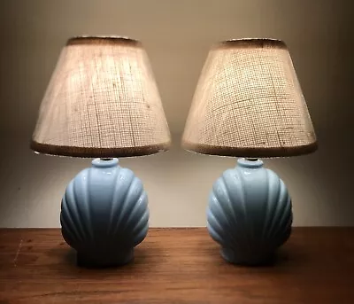MATCHING PAIR VTG MCM Art DECO Ceramic Table Lamps Blue 70’s W/ Shades. • $70