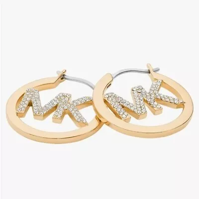 NWT Michael Kors Gold-Tone Plated Brass Pavé Logo Hoop Earrings • $60