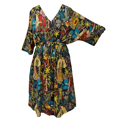 Black Long Cotton Printed Maxi Kaftan Dress One Size 18 20 22 24 26 28 30 32 • £18.50