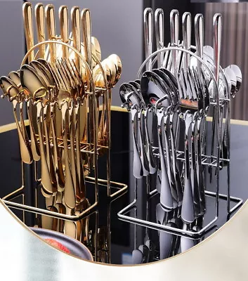 Cutlery 24Pcs Sets Stainless Steel Fork Spoon Tableware Dining With Stand Holder • £31.99