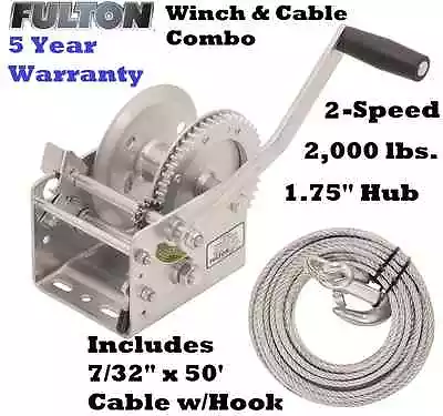 FULTON 2 SPEED TRAILER WINCH 2000 Lbs. W/ 7/32  X 50' CABLE & HOOK 1.75  HUB • $188.73