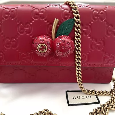 GUCCI Leather GG Crystal Cherry Wallet On Chain Mini Shoulder Bag Red New In Box • $999