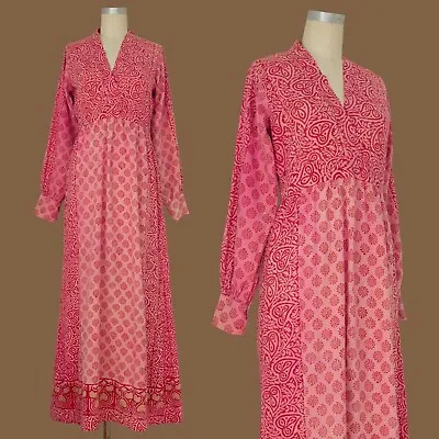 Vintage 1960s Pink Indian Cotton Block Print Dress | Medium | 30 Waist • $80