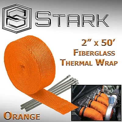 2  X 50FT Exhaust Header Fiberglass Heat Wrap Tape W/ 5 Steel Ties - Orange (M) • $22.99