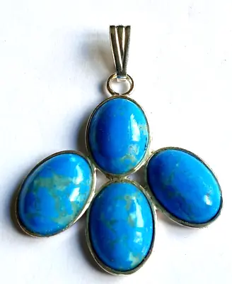 Exquisite  Sterling Silver Mounts &  4 X 14 X 10 Mm Turquoise Cabochons Pendant. • £46.25