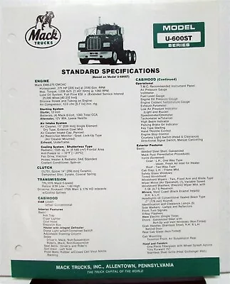 1985 Mack Truck Model U 600ST Specification Sheet • $13.69