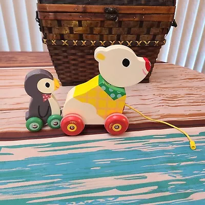 Vilac Bear And The Penguin Pull Along Musical Toy Multicolor VTG Music Untested! • $30