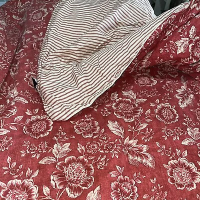Tommy Hilfiger Red Cream Ticking Stripes And Flowers Comforter Reversible Heavy • $125