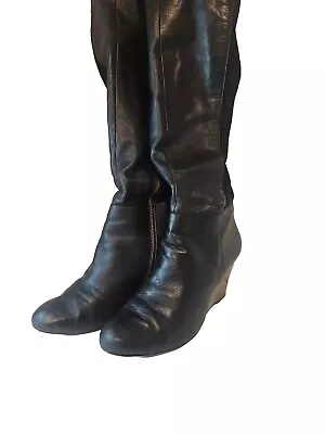 Michael Kors Wedge Boots Leather Textile Blk Knee High Womens Size 9 M Zip Up S1 • $25