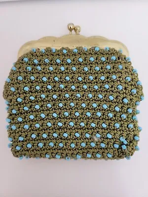 Antique Art Deco German Blue & Green Bead Purse Crochet Velvet Lining • $14.99