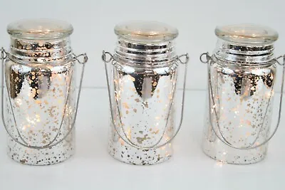 Valerie S/3 Mercury Glass Lit Mason Jars Timer Silver Starry Firefly Fairy Light • $17.97