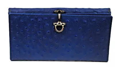Vera Pelle Leather Wallet Checkbook Ostrich Embossed Blue Made In Italy NWT • $28