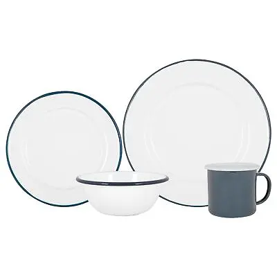 16 Piece White Enamel Dinner Set Metal Camping Plates Bowls Mugs For 4 Blue • £36