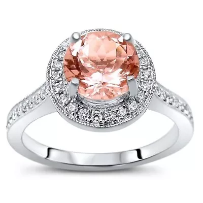 1.25 Ct Lab Created Morganite & Diamond 14K White Gold Over Halo Engagement Ring • $87.30