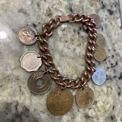 Vintage Solid Copper Bracelet With Foreign Coin Charms 7.5 Inches • $9.99