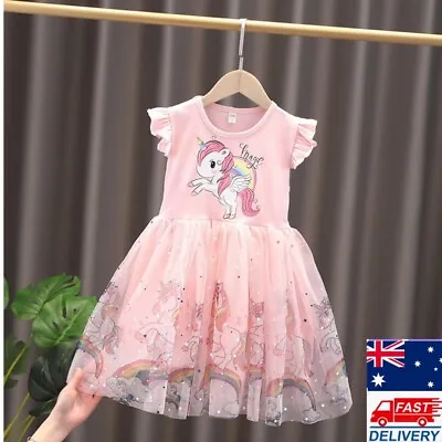$19.99 • Buy Girls Unicorn Dress Costume Kids Fancy Party Sundress Summer Short Sleevele Pink