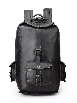 18  Genuine Black Leather Large Men's Vintage Backpack Travel Rucksack Gym Bag • $58.28