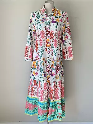 Zara Colorful Lightweight Cotton Midi Maxi Shirt Dress Tiered Ruffled Small • $36.95