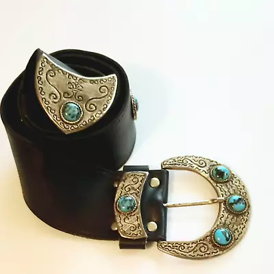 Vintage Western Leather Concho Belt Brown Silver Tone Turquoise Studded Buckle • $24.95