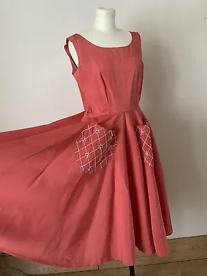 Vintage 1950s Pink Satin Full Circle Skirt Dress A Carnegie Model As Found  • £24.99