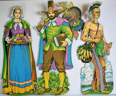 3 Large Vintage Beistle Thanksgiving Die Cut Out Pilgrim Decoration Lot 1970's • $19