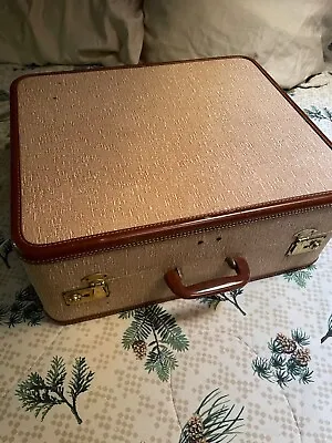 Vintage Luggage Antique Tweed Suitcase Leather Trim Satin Lining 21 X18 X9  • $45