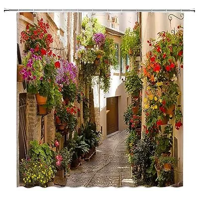 Italian Shower Curtain European Garden Greece Scene Tuscany Vintage Street Fl... • $25.15