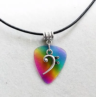 Rainbow Guitar Pick & Bass Clef Music Pendant Necklace Ladies Mens Gift Musician • £5.99