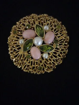 Beautiful Sarah Coventry Brooch “Fashion Splendor  Pink & Green & Faux Pearl • $11.99