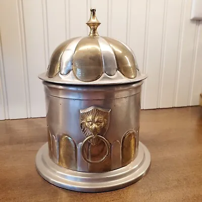 Vtg Domed Metal Tower Gold Silver METAL CANISTER BOX Lion Decor Turkish Look  • $28.99