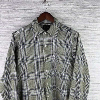 VINTAGE Sears Shirt Mens Medium Green Plaid Button Up Tail 70s Houndstooth Wool • $31.39