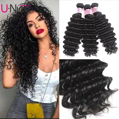 Malaysian Deep Curly Wave 1/3 Bundles Human Hair Extensions Virgin Hair Weave US • $56.60