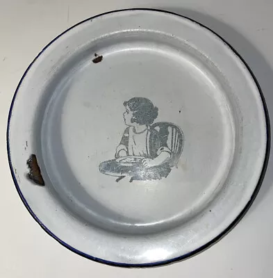 Vintage Child’s Metal Enamelware Dish White Blue Trim Farmhouse Decor 1920s • $19